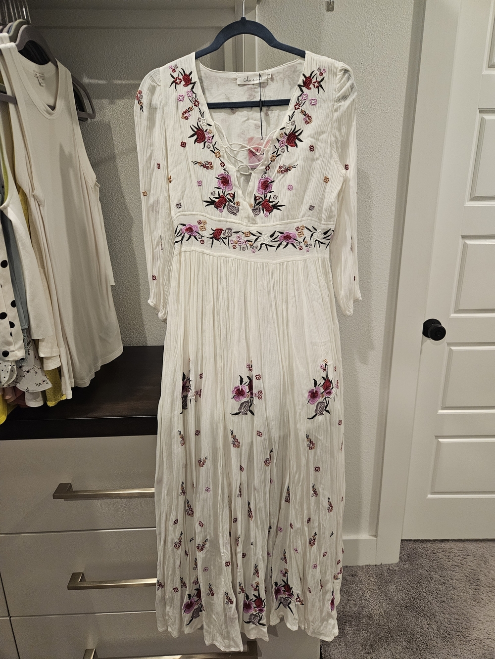 Chicwish White Maxi Dress with Pink Floral Embroidery